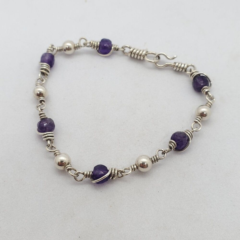 6.75" Sterling Silver and Amythest Wire Wrap Bracelet 925